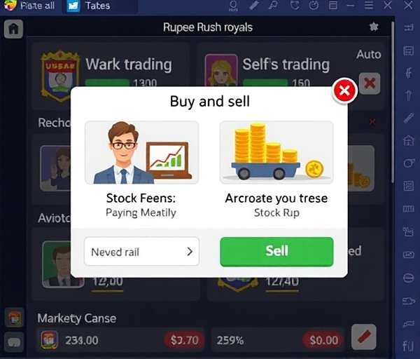 Rupee Rush Royale - Stock Trading Rupee Rush Royale gameplay showing stock trading interface with buy and sell options